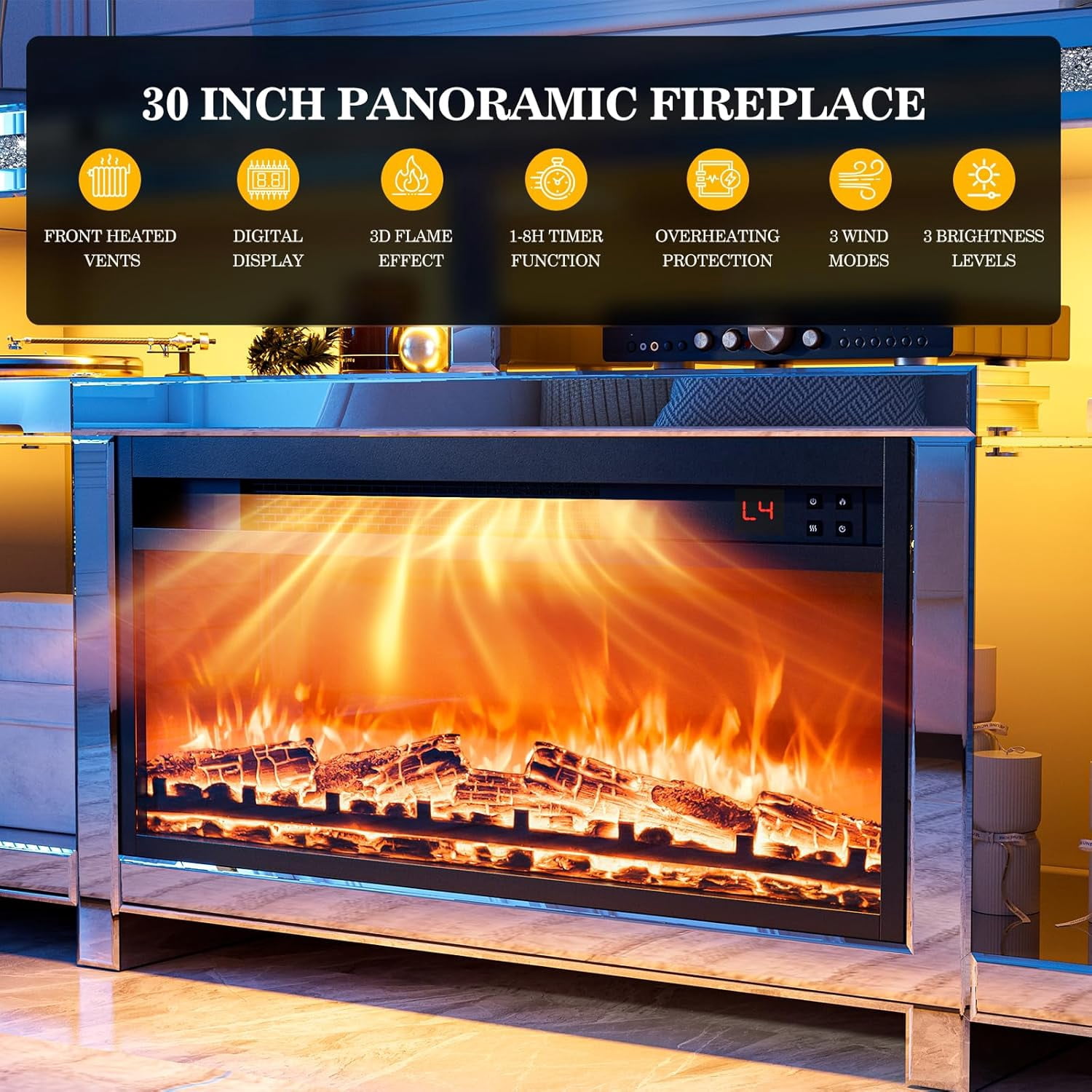 ARICOEASY Mirrored Fireplace TV Stand for 75+ inch TVs, Mirrored TV Stand with Crushed Diamond & LED Light, Silver Entertainment Center with Fireplace & Adjustable Shelves for Living Room