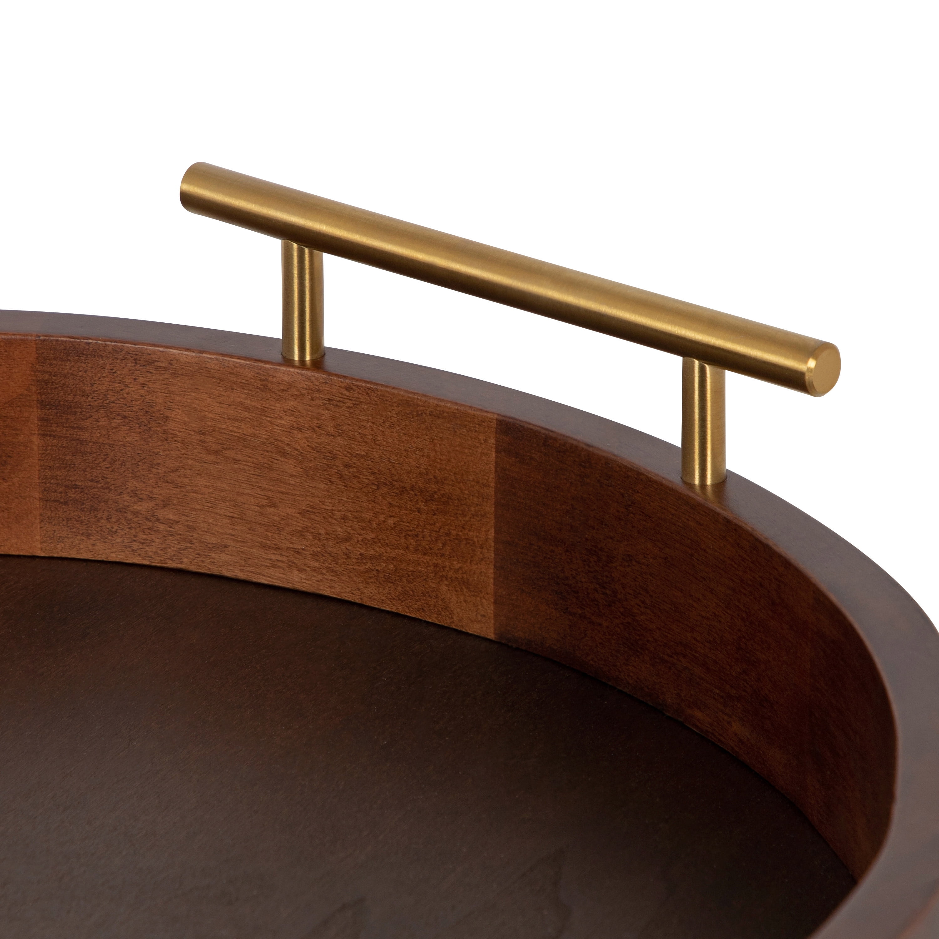 Kate and Laurel Lipton Mid-Century Modern Round Wooden Tray, 15.5" Diameter, Dark Walnut Brown with Gold Handles, Decorative Accent Tray for Storage and Display