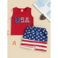 thumbnail image 4 of vera natura 4th of July Toddler Boys Outfits Fuzzy Letter Embroidered Tank Tops and Stripe Stars Print Shorts 2Pcs Clothes Set, 4 of 9