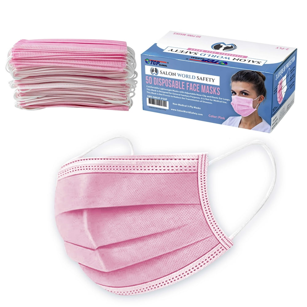 Salon World Safety Pink Masks (Sealed Dispenser Box of 50) 3 Layer Disposable Protective Face