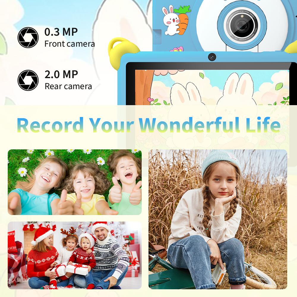 Veidoo 7-inch Android Kids Tablet, 2+32GB, Dual Cameras, Shockproof Case, Rabbit Stand Integrated Design, Detachable Shoulder Strap，Quad-Core Processor, iwawaAPP, Parental Control(Blue)