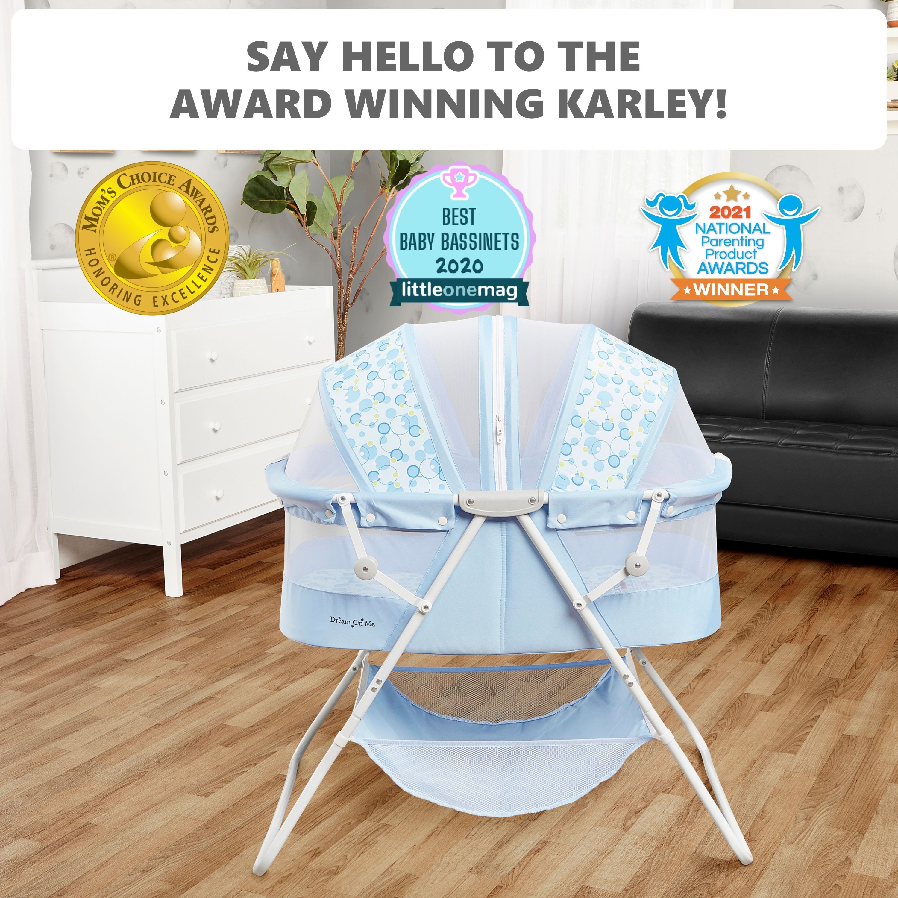 Dream On Me Karley Bassinet in Light Blue, Quick Fold and Easy to Carry, Large Storage Basket - image 3 of 17