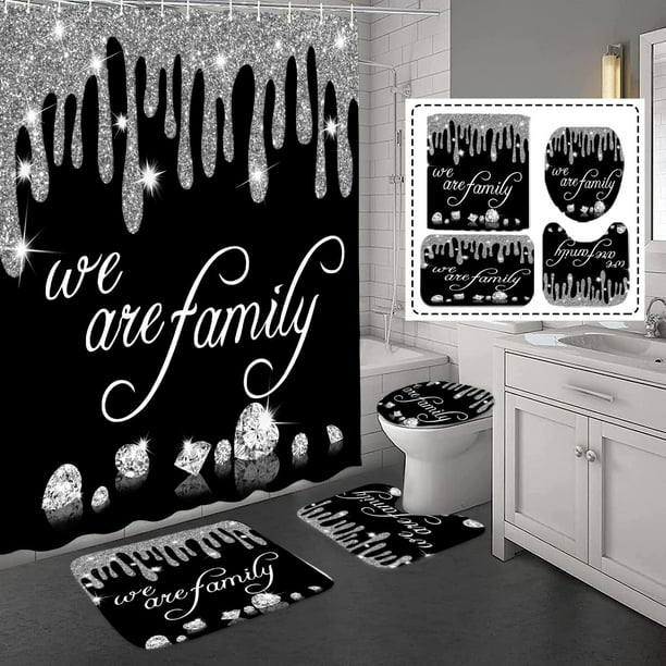 Juego de 4 cortinas de ducha con brillantes diamantes para la familia, cortina de ducha familiar gris con tapa de inodoro y alfombras, cortinas de ducha brillantes de lujo para la decoración del baño