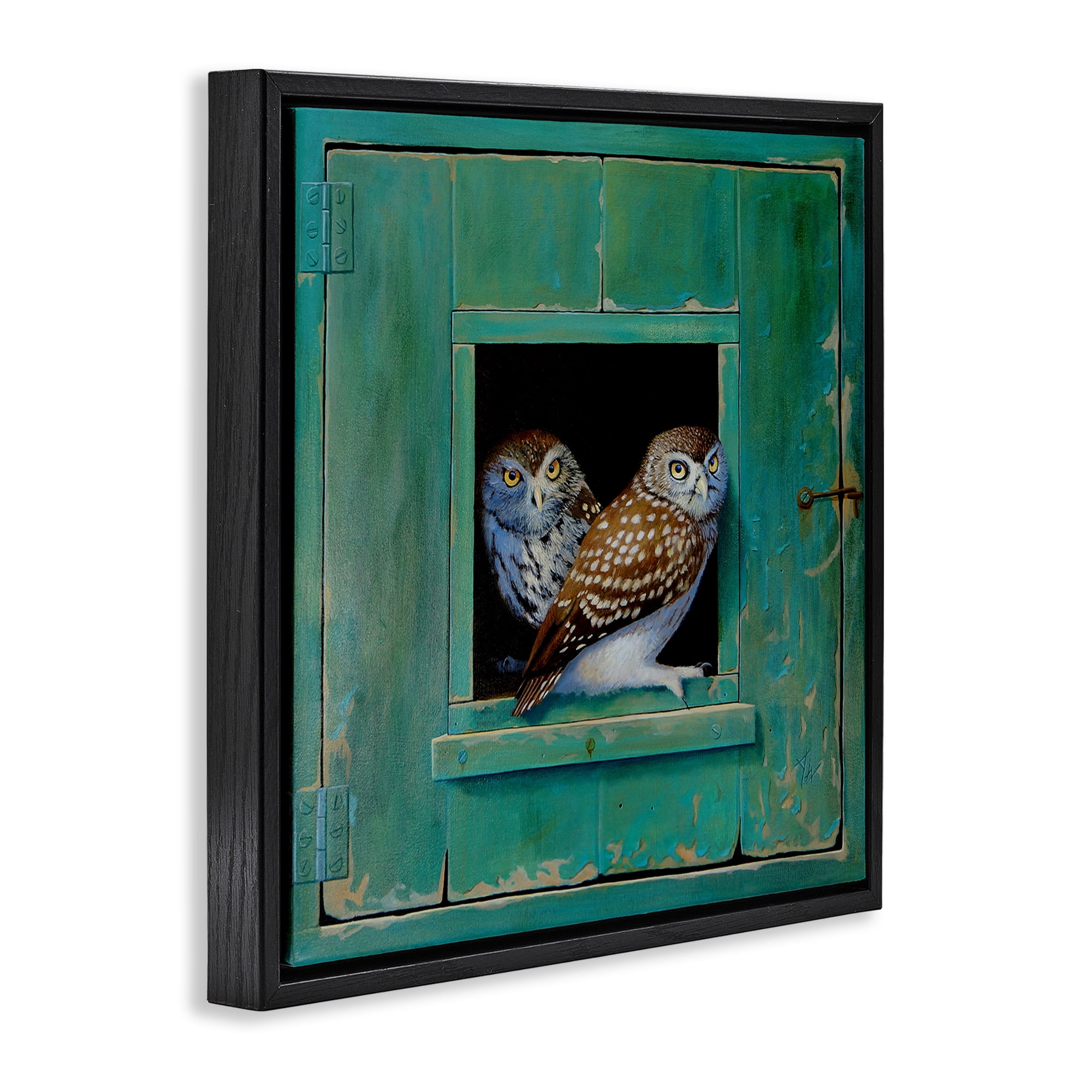 Stupell Industries Spotted Owls Perched Ledge Animals & Insects Painting Black Floater Framed Canvas Art Print Wall Art, 25 x 25