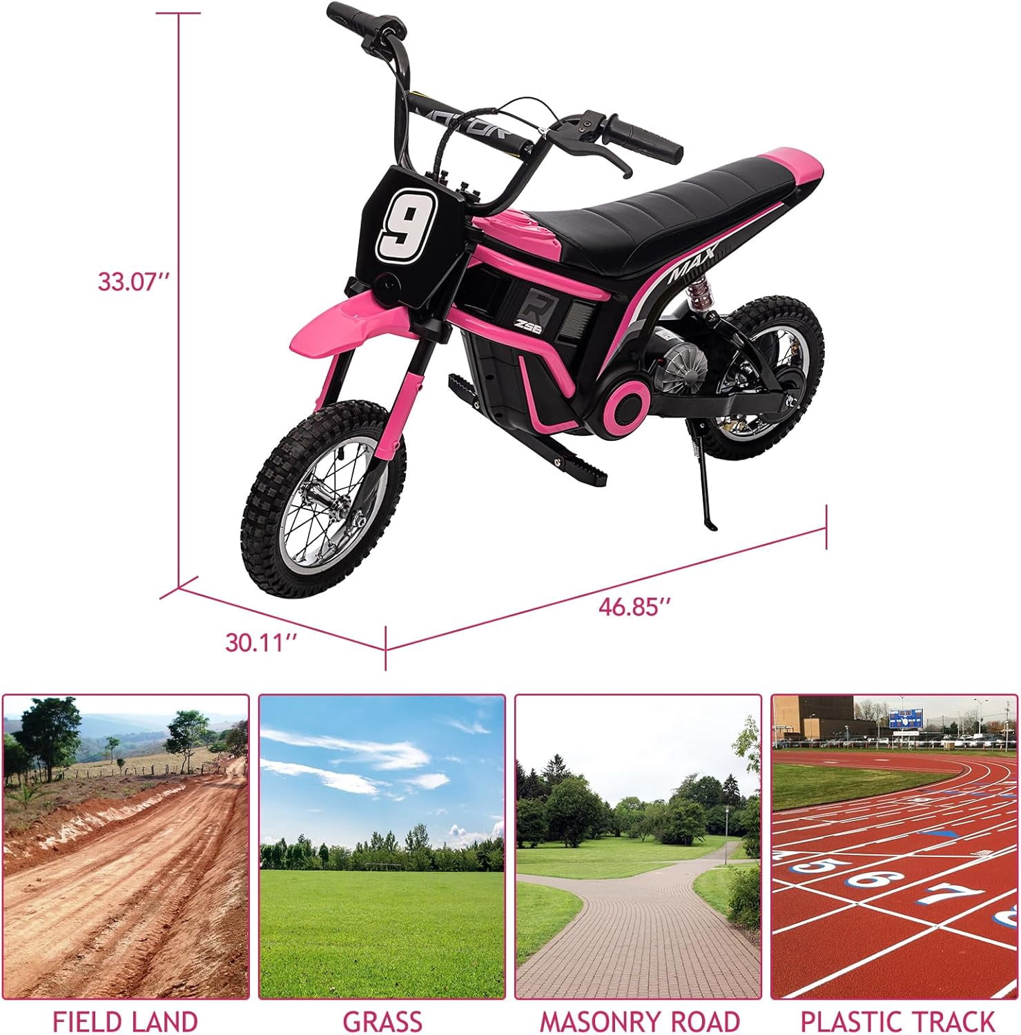 Rugerasy Electric Motorcycle,24v 350w Electric Dirt Bike for Ages 3-10, 15 MPH, 2 Speed Modes, 135 Lb Weight Capacity,Pink 9