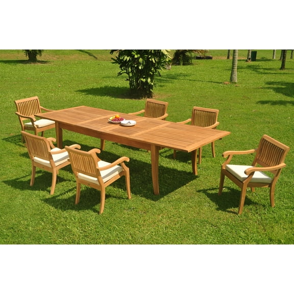 Grade-A Teak Dining Set: 6 Seater 7 Pc: 122" Atnas Double Extension Rectangle Table And 6 Arbor Stacking Arm Chairs Outdoor WholesaleTeak #WMDSWVm