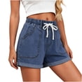 thumbnail image 4 of ByworldtasicNo Boundaries Womens Jean Shorts Summer Casual Mid Rise Cuffed Elastic Waist Denim Shorts, 4 of 7