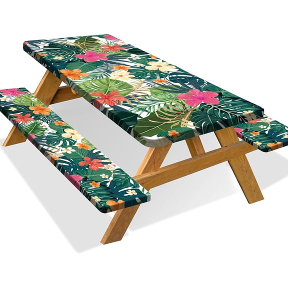 Picnic Table Cover with Bench Covers Camping Essentials Tropical Palm Leaves Outdoor Table Covers with Elastic Waterproof Fitted Tablecloth for RV Picnic Travel 72x30in 3pc