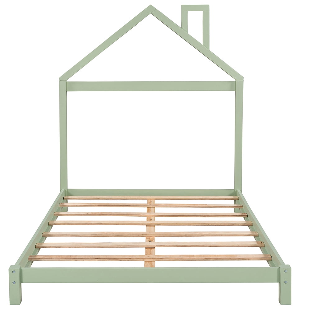 Kepooman Wood Platform Bed Frame with House-Shaped Headboard, Full Size, Green Kepooman Wood Platform Bed Frame with House-Shaped Headboard, Full Size, Green