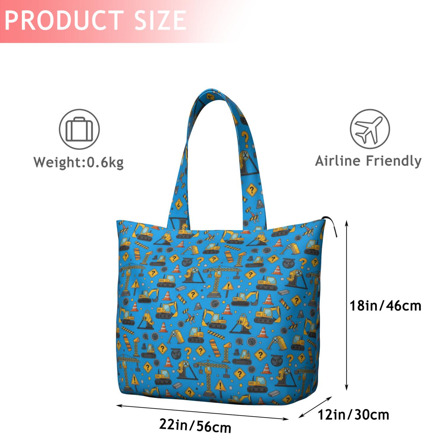 Cartoon Construction Vehicles Signs Blue Pattern Travel Tote Bags for Women Carry On,Large Weekender Bags for Women Travel,Multi Functional Duffle Bag for Work,Shopping,Sports