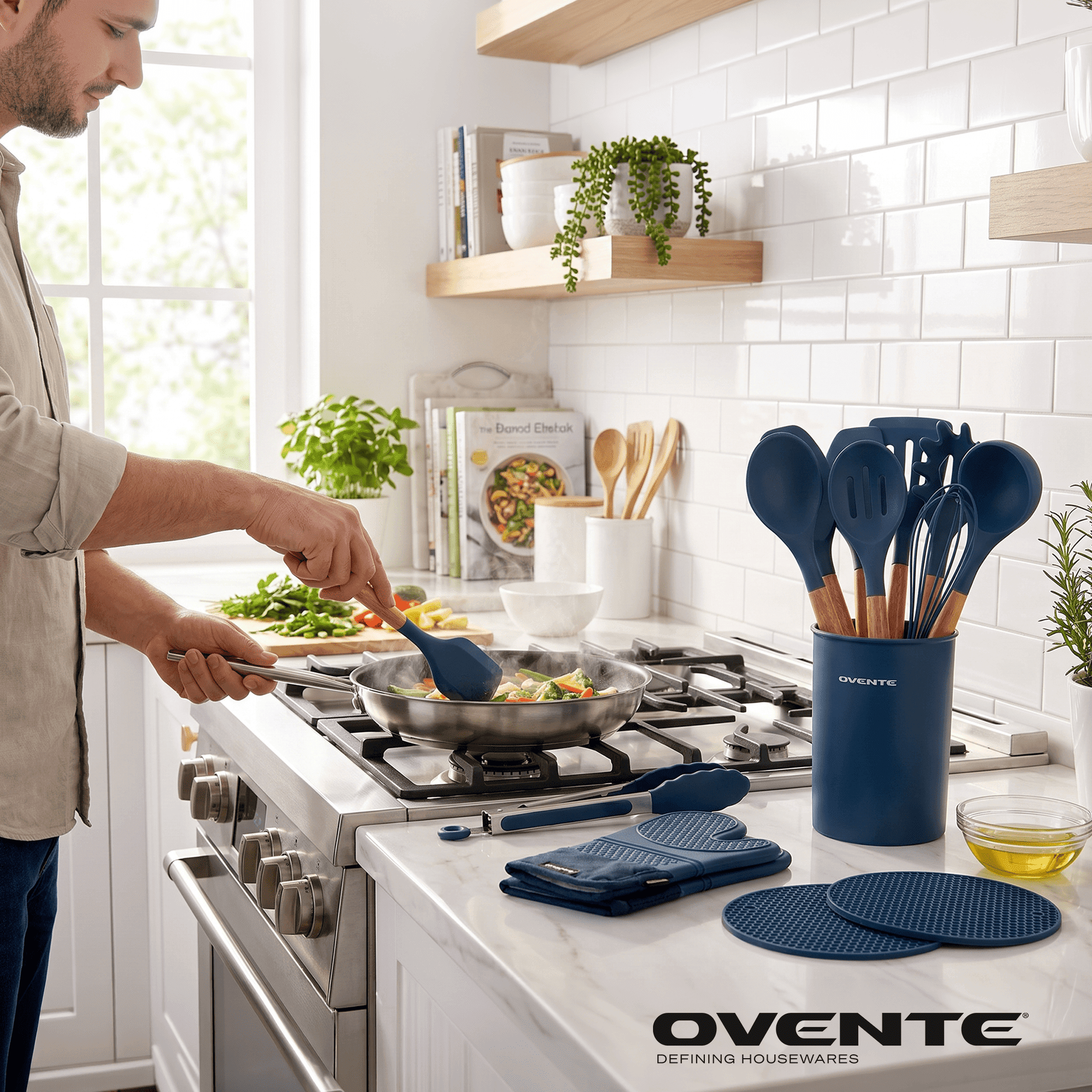 OVENTE Silicone Cooking Utensils Set, 17pcs, Heat Resistant, Blue SPS17BL | Kitchen Tools & Gadgets for Nonstick Cookware, BPA-Free Spatula Set with Wooden Handle, Cup Holder, Oven Gloves & Hot Pads