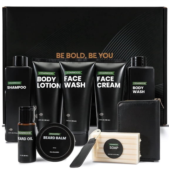Rinse & Robust Men's Spa Gift Set, 10Pcs Cedar Beard Grooming Kit for Him Birthday Anniversary Gifts