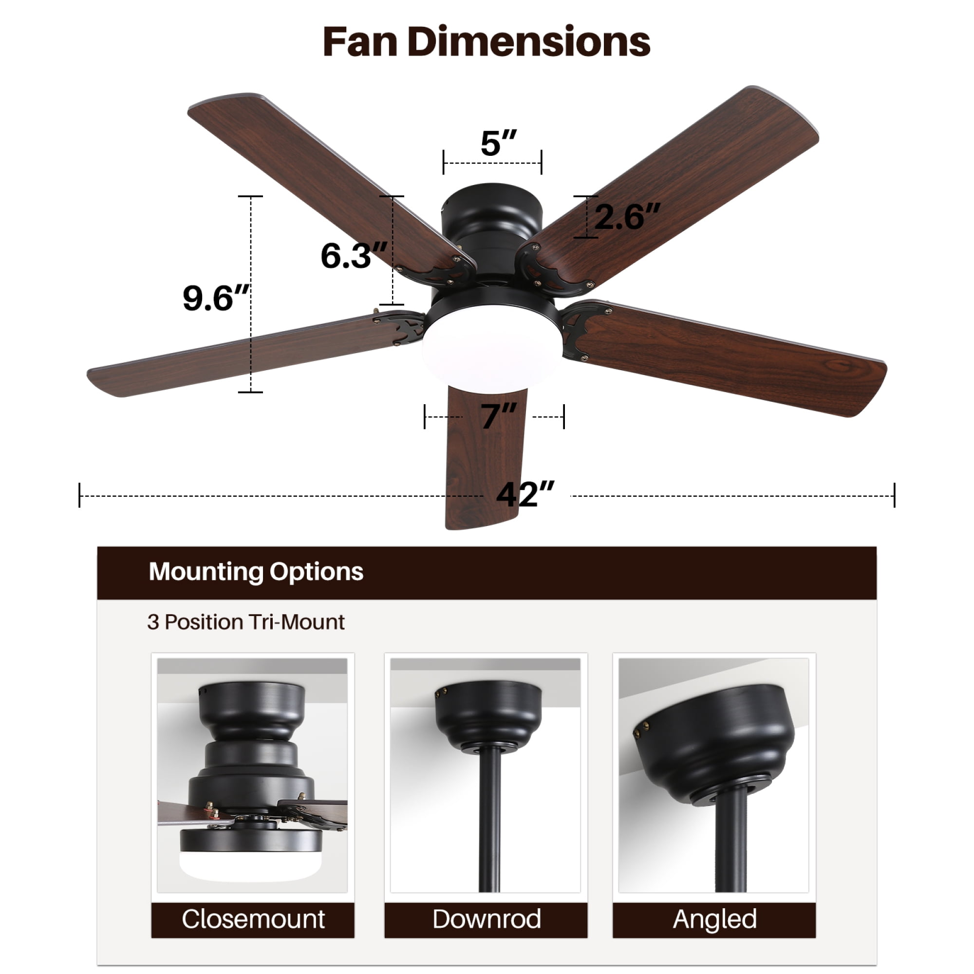 Jopath 42 Inch Ceiling Fan with LED Light and Remote Control, 5 Blades Noiseless Reversible Dc Motor for Indoor Living Room Outside Patios Pergola Black