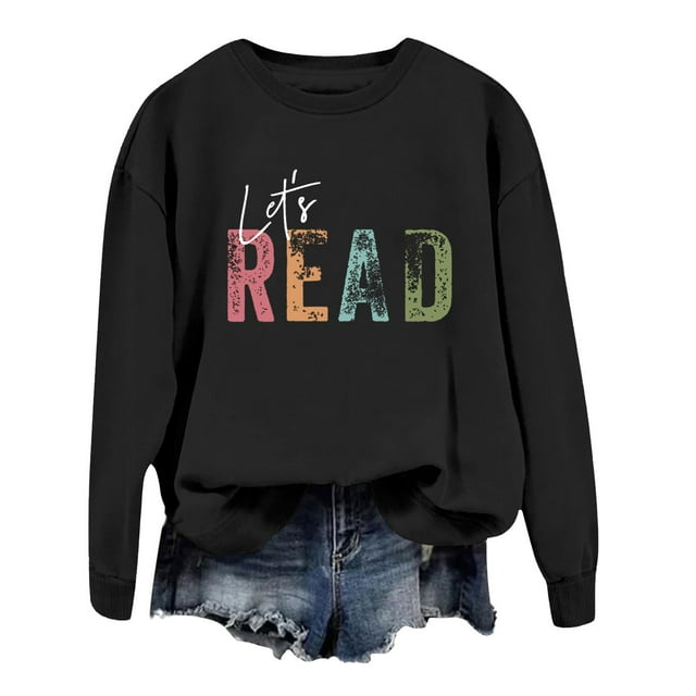 WEAIXIMIUNG Teacher Sweatshirt Custom Reading Book Sweatshirt Women Let's Read Graphic Long Sleeve Shirts Crewneck Teacher Library Bookish Pullover Tops