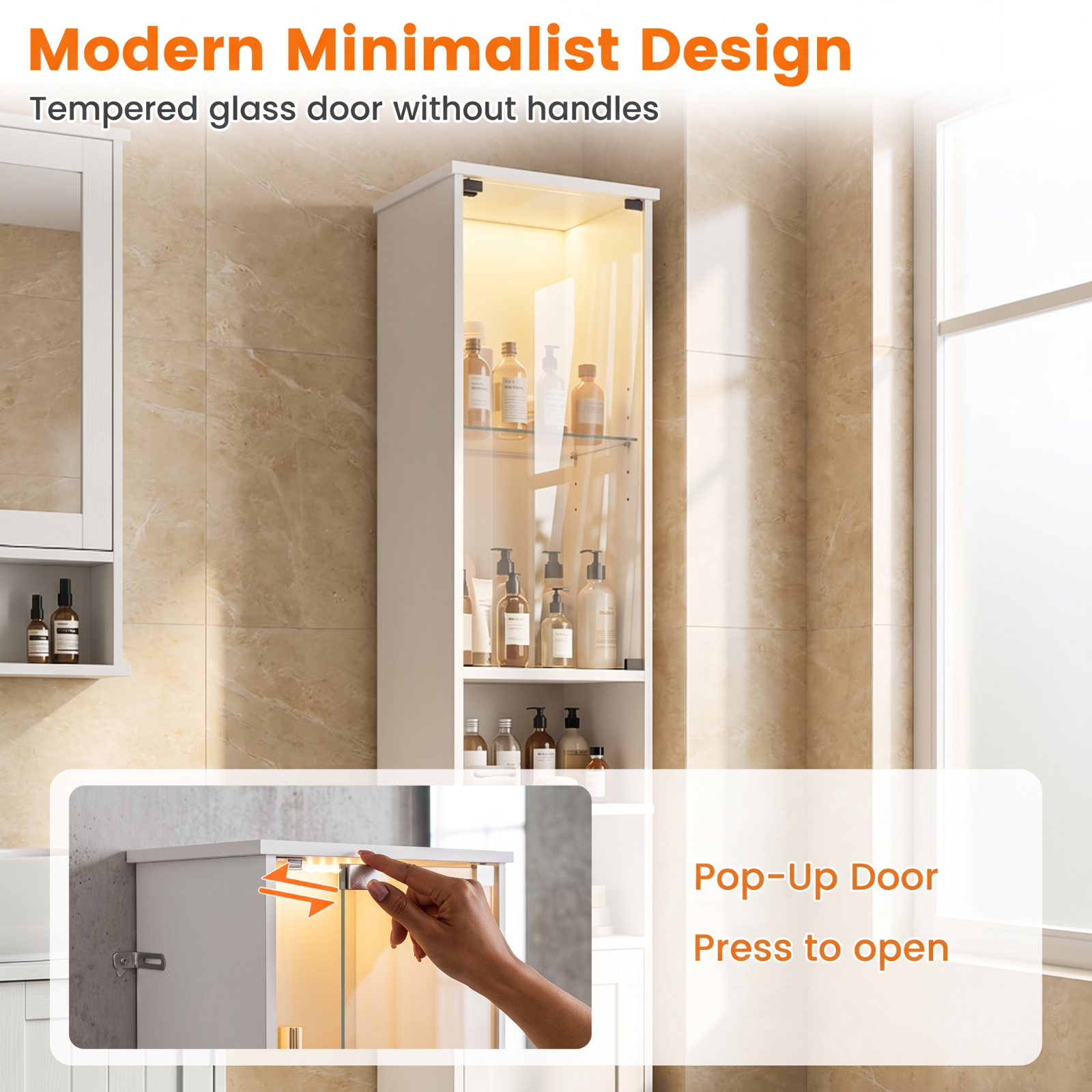 Vebreda Tall Bathroom Storage Cabinet with LED Lights, Freestanding Narrow Floor Cabinet with Remote Control, Adjustable Shelves and Push-to-Open Tempered Glass Door, White