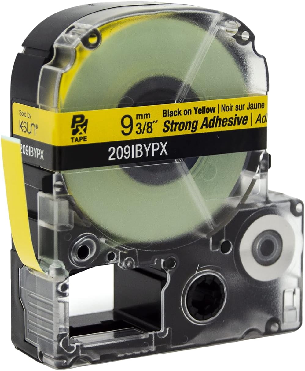 Epson LABELWORKS 209IBYPX - Black on Yellow PET Label Maker Tape, Strong Adhesive - 3/8" (9MM) Wide, 30'