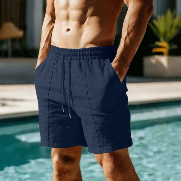 Yaoyar Mens Cotton Linen Shorts Casual Drawstring 7inch Inseam Shorts Summer Beach Wear