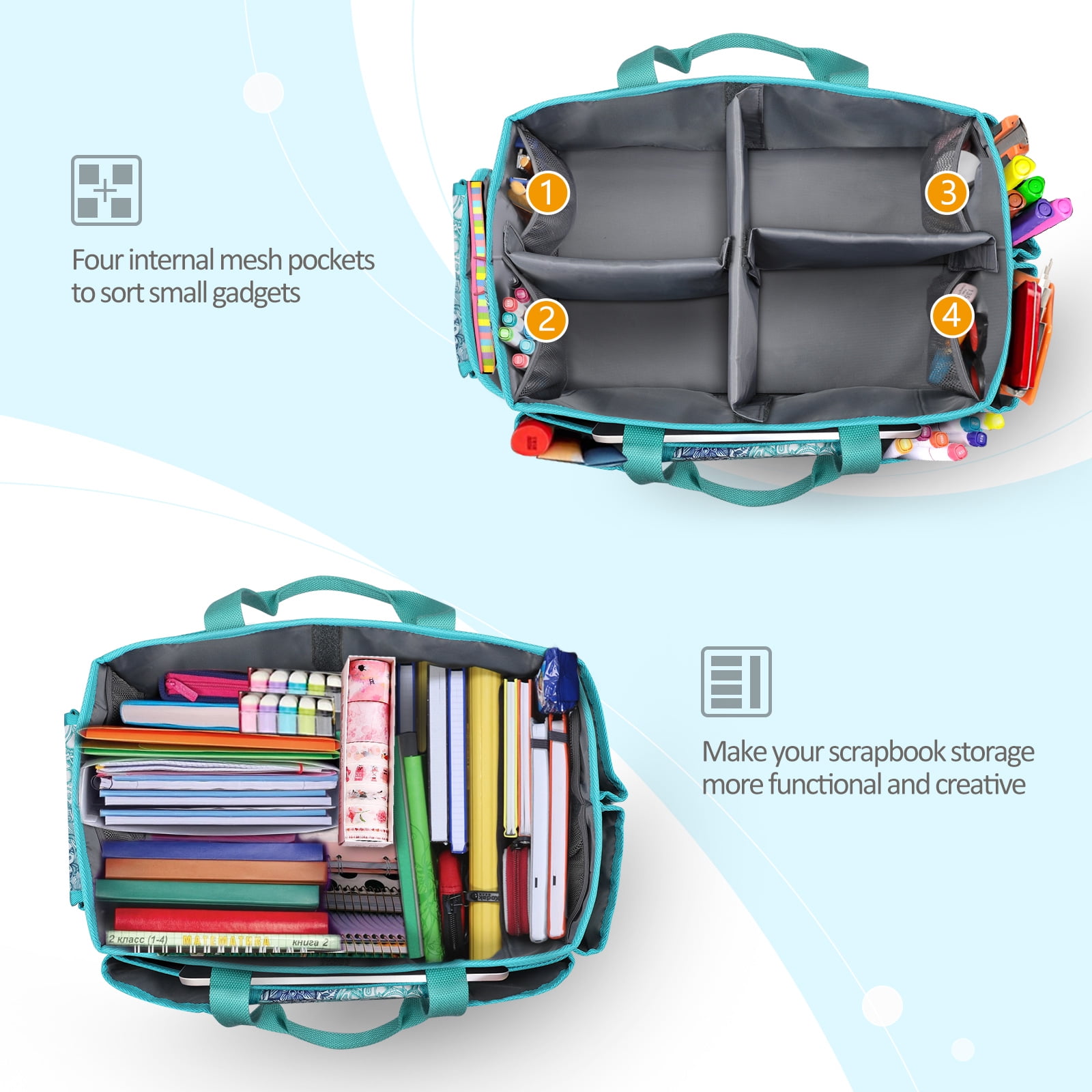 FINPAC Large Craft Storage Tote Bag with Multiple Pockets, Scrapbooking Carrying Case Storage Caddy with Handle for Sewing, Art, Desktop, Baby Care Supplies, Emerald Illusions