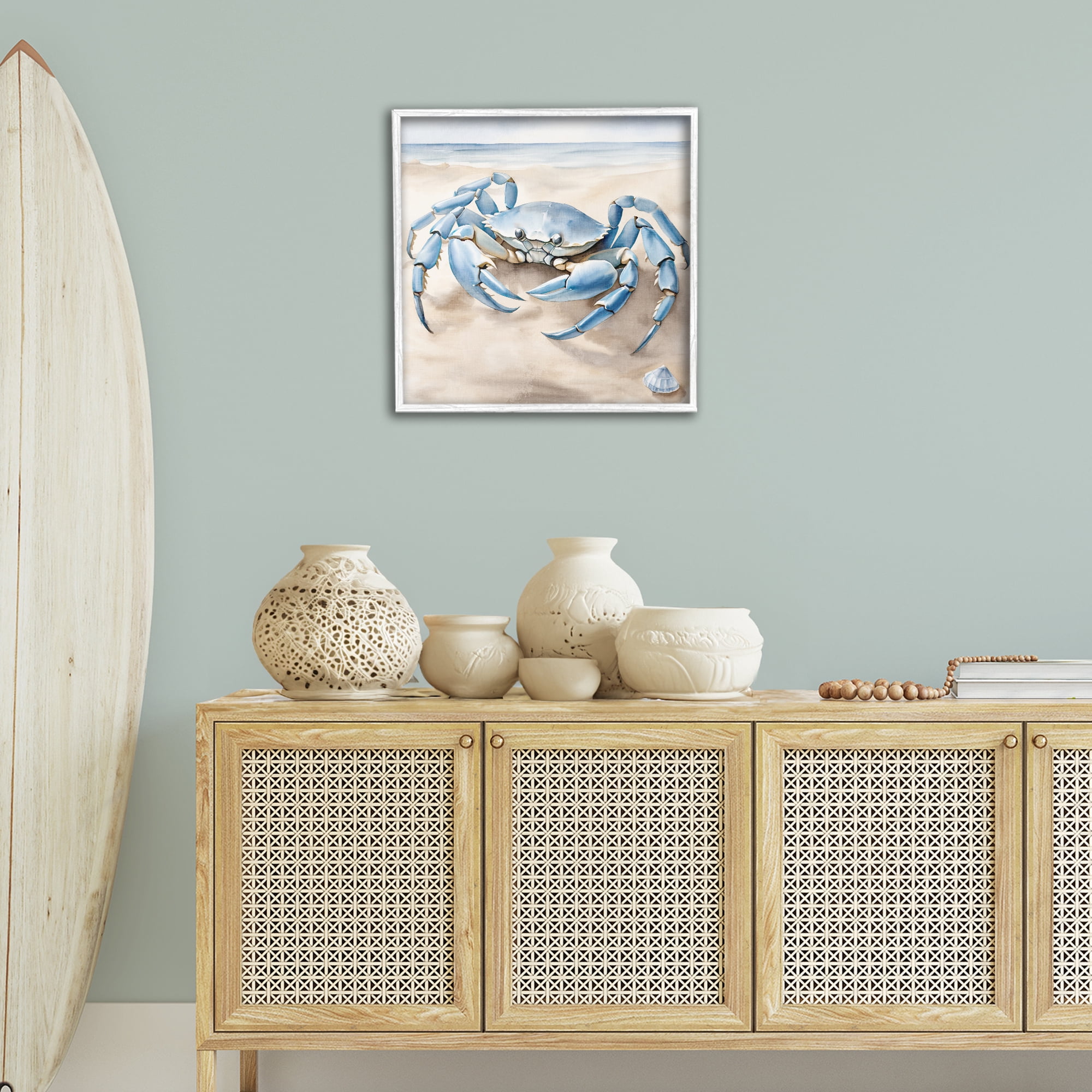 Stupell Industries Blue Crab on Beach Animals & Insects Painting White Framed Art Print Wall Art, 24 x 24
