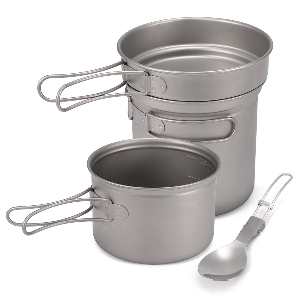 Camping Titanium Cookware Set 1000ml 750ml Pot Pan Spork Set for Outdoor Camping Hiking