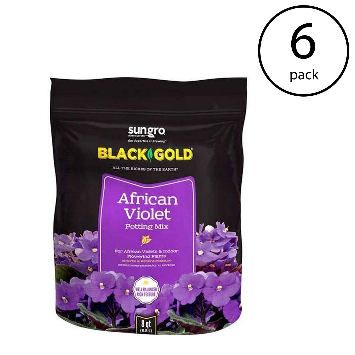 6-pack Sun Gro Black Gold African Violet Potting Soil Mix - Organic, For House Plants - 6 Pack, 8 qt — Indoor & Outdoor Container & Garden Use