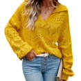 thumbnail image 4 of Women Puff Long Sleeve V Neck Knitted Pullover Sweater Jumper Tops Solid Color Casual Hollow Tops S-XL, 4 of 9