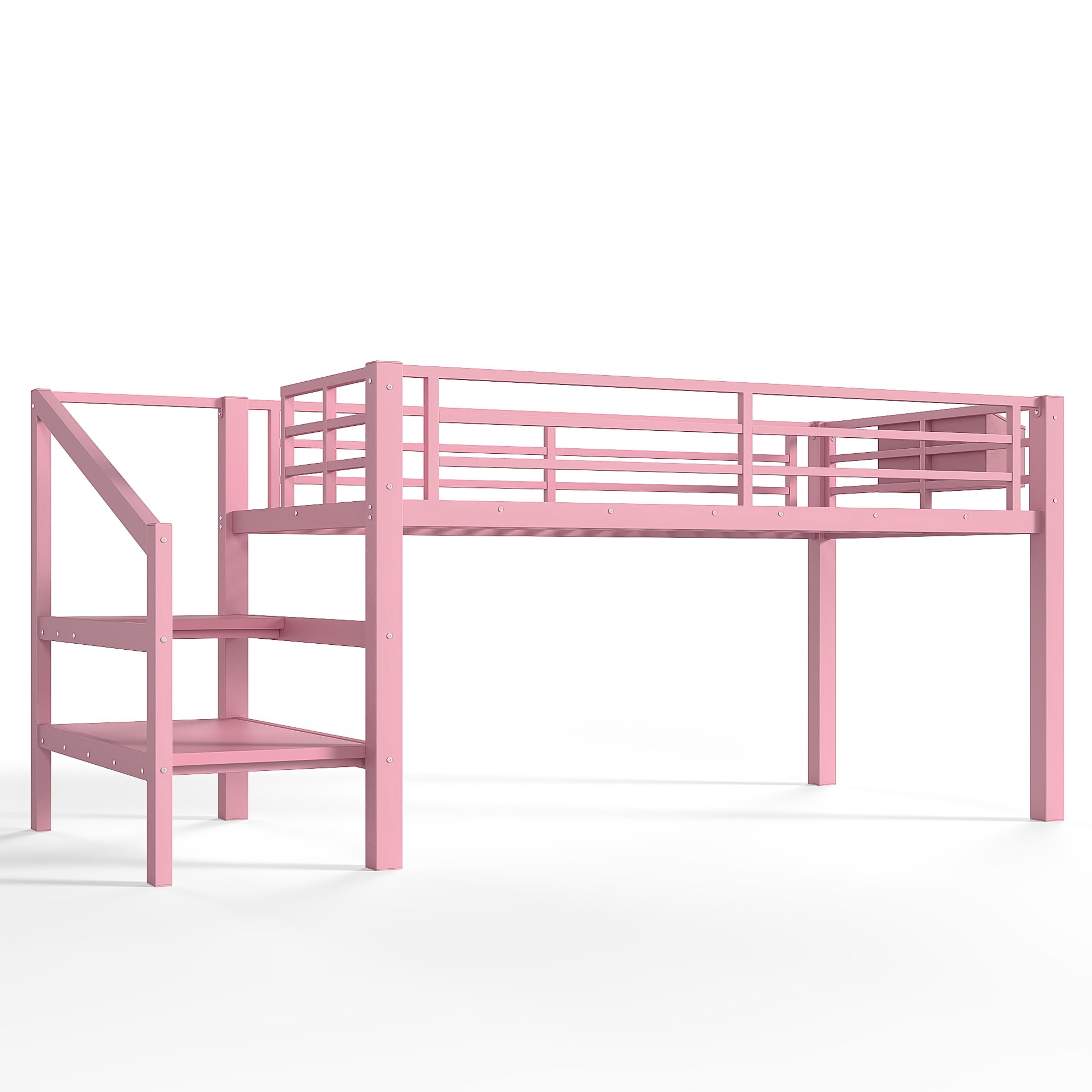 GDF Studio Twin Low Loft Bed with Storage Stairs, Fabric Drawers, Shelves & LED Lights, Pink