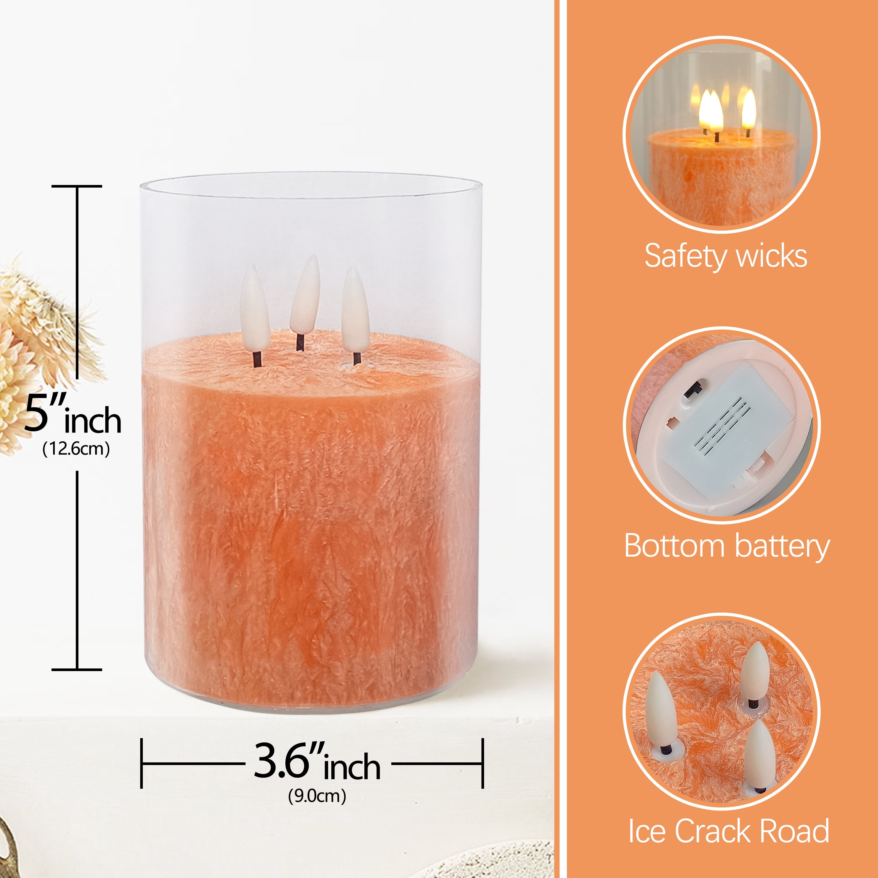 FCMSHAMD 5Inch Flameless Candle with 3 Wicks, Glass LED Pillar Candle, Real Wax Battery Operated Candle with Remote Control and Timer, Orange