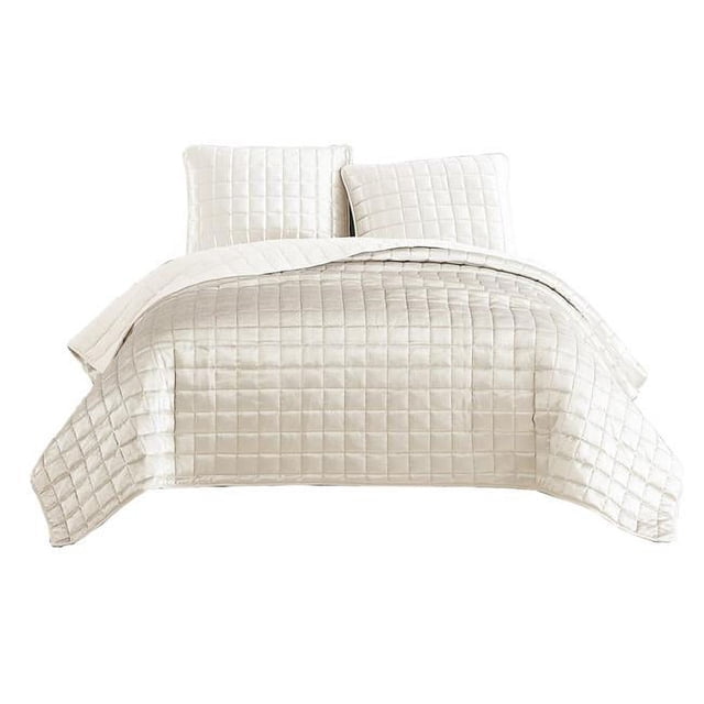 Benjara BM225234 Coverlet Set with Stitched Square Pattern, Cream - Queen Size - 3 Piece
