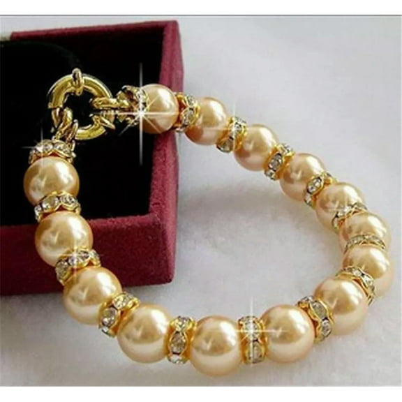 K-KED 10mm Round Gold South Sea Shell Pearl Beads Crystal Bracelet 7.5"