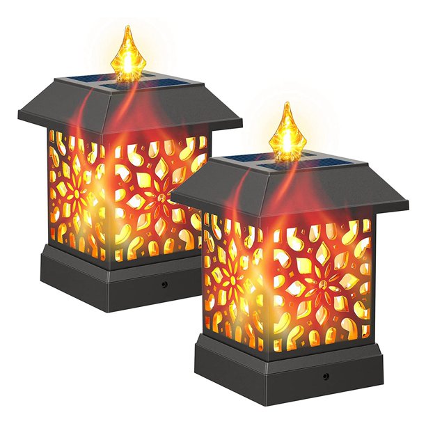 Solar Post Lights Outdoor with Flickering Flame,2 Pcs Solar Post Cap