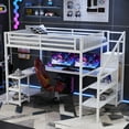 thumbnail image 2 of Newest Queen Loft Bed with L Shaped Desk & Wardrobe, White Metal Loft Bed with Stairs, USB Charger & LED Light for Teens Adults, 2 of 20