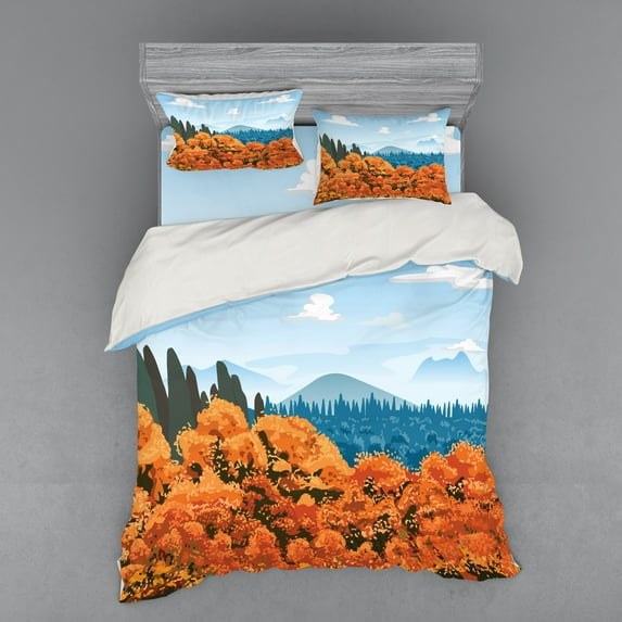 Forest Duvet Cover Set, Display of Backwoods with Open Sky Mountains and Clouds, Bedding Set with Shams and Fitted Sheet, 3 Sizes, by Ambesonne