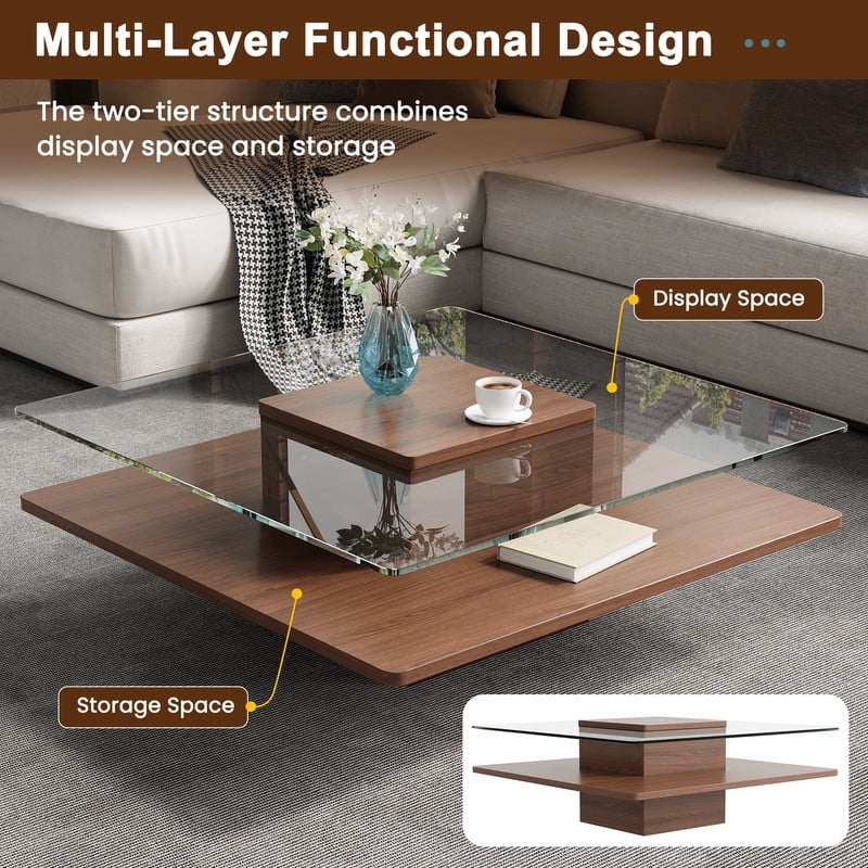 31.5''W Square Cocktail Coffee Table with Clear Tempered Glass Top, 2-Tier Accent Center Table with Open Storage Shelf