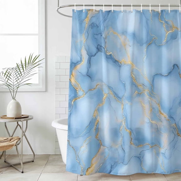 Light Blue Marble Waterproof Fabric Shower Curtain,Ink Painting Art Luxury Modern Waterproof Fabric Shower Curtain for Bathroom Curtains Bathtubs Hotel Shower Curtains with 12 Hooks Long 72x78in