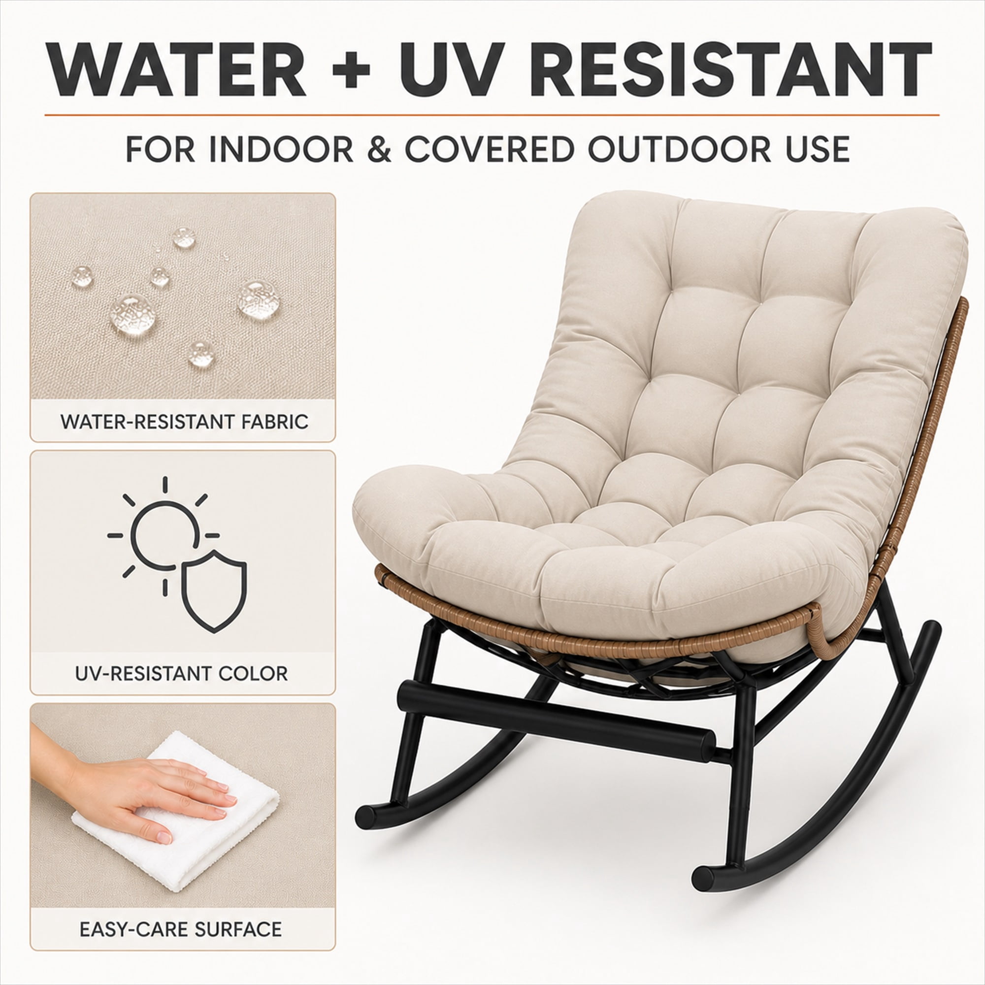 CLOUDREST PRO Outdoor Papasan Rocking Chair with Retractable Footrest, Oversized Wicker Patio Lounge Rocker with Thick Cushion and Steel Frame, 450 lb Capacity, Indoor Outdoor, Brown