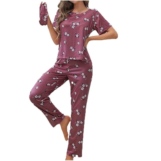 Rbaofujie Pyjamas pour Femmes Mode Femmes Col Rond Imprimé Haut à Manches Longues Taille Élastique Pantalon Long Bandage Ensemble de Pyjama Cache-Oeil Chemises de Nuit pour Filles