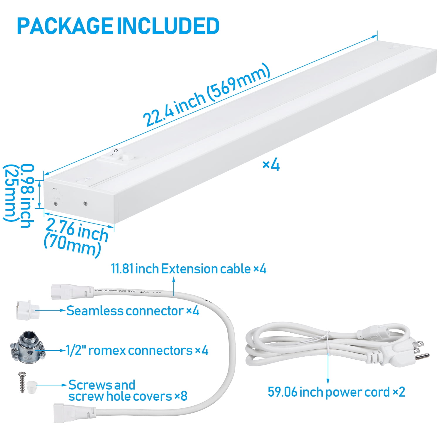 4 Pack LED Under Cabinet Light, 22 Inch, Dimmable, Linkable, 3 Color Selectable, Hardwired or Plug-in, White Finish