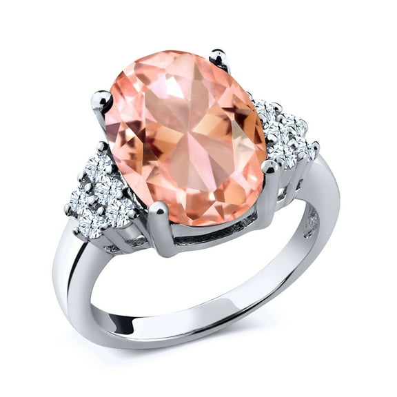 Gem Stone King 9.60 Ct Oval Peach Nano Morganite White Topaz 925 Sterling Silver Ring (Size 8)