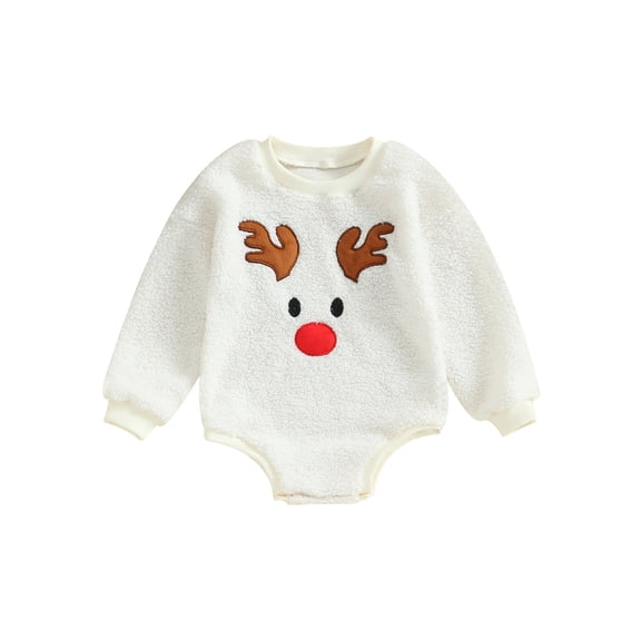 Wassery Baby Girls Boys Christmas Romper Clothes 6M 12M 18M 24M Toddler Girls Boys Long Sleeve Round Neck Reindeer Embroidery Bodysuit Infant Girls Boys Fall Winter Clothing