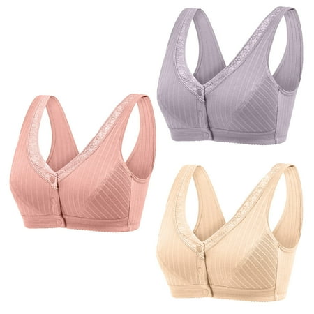 

Miyanuby Women s Front Closure Cotton Bra Easy On Front Close Wirefree Bra Plus Size 3 Packs Pink+Gray+Skin 110/48