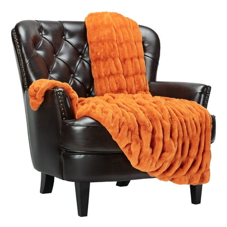 Chanasya Ruched Royal Faux Fur Throw Blanket - Fuzzy Plush Elegant Blanket for Sofa Chair Couch and Bed with Reversible Velvet Blanket (50x65 Inches) Orange
