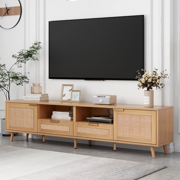 Noble House Rattan TV Stand for TVs up to 85 Inch with Storage Cabinets, Open Shelves, Wood