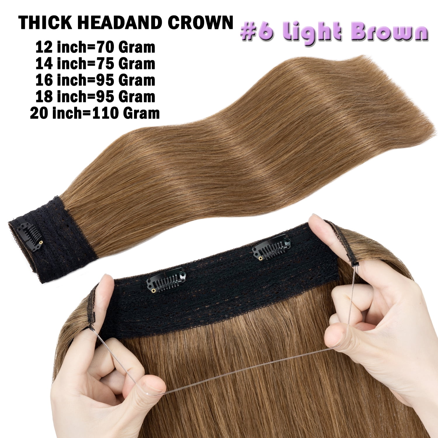 Hidden Secret Clip in Extensions Real Hair Wire in Weft One Piece THICK Human Hair Extensions Headband With 4 Clips Adjustable Brown