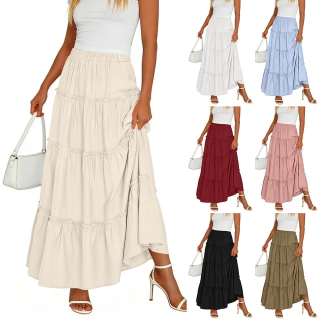 Sentmoon Skirts Elastic Waist Solid Color Beach Long Skirts for Women Maxi Skirts for Women Vacation Essentials for Women Soft and Comfortable for Office, Work, and Professional Settings XL