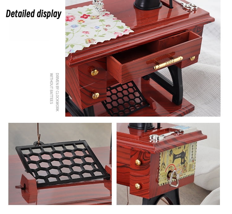 Retro Mini Sewing Machine Music Box - Hand-Wound (No Battery), Drawer-Activated Melody & Moving Parts (Pedal/Needle/Wheel)