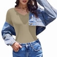 thumbnail image 3 of Womens Long Sleeve V Neck Ribbed Knit Fitted Casual Tops Tee Slim Basic Shirt Cream White XXL, 3 of 8