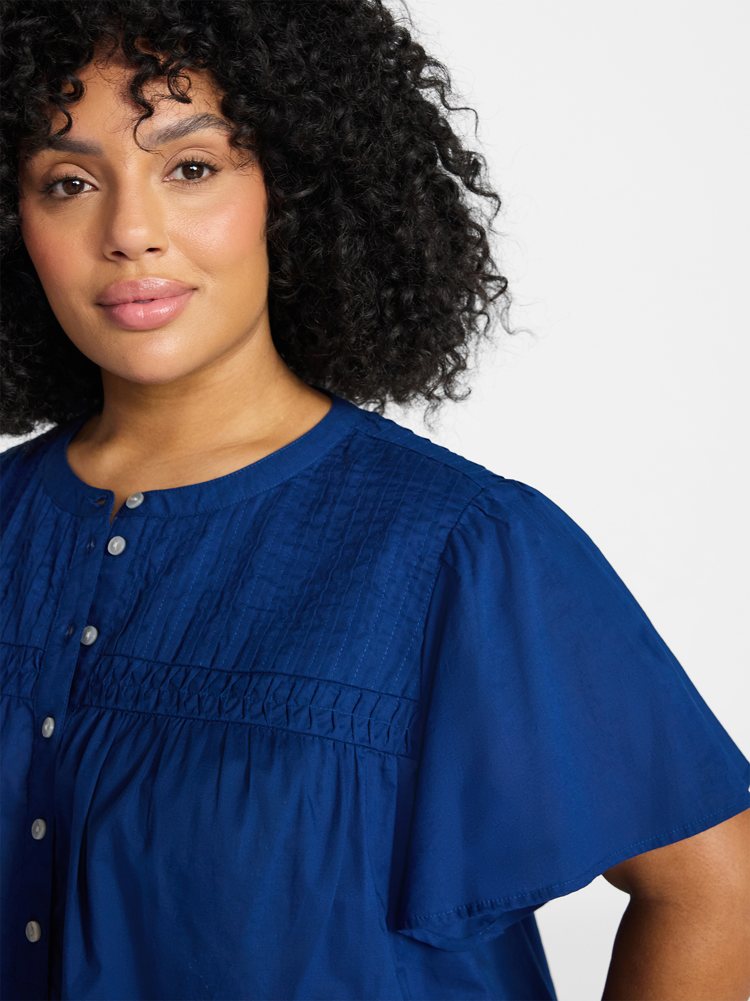 Terra & Sky Women’s Pleated Yoke Top with Short Flutter Sleeves, Sizes 0X-5X
