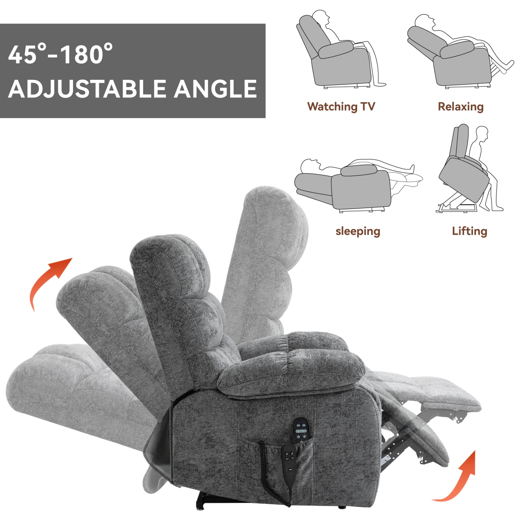 Leumius Large Power Lift Recliner Chair for Elderly,Heavy Duty Chenille Recliners with Massage and Heating for Living Room,Gray