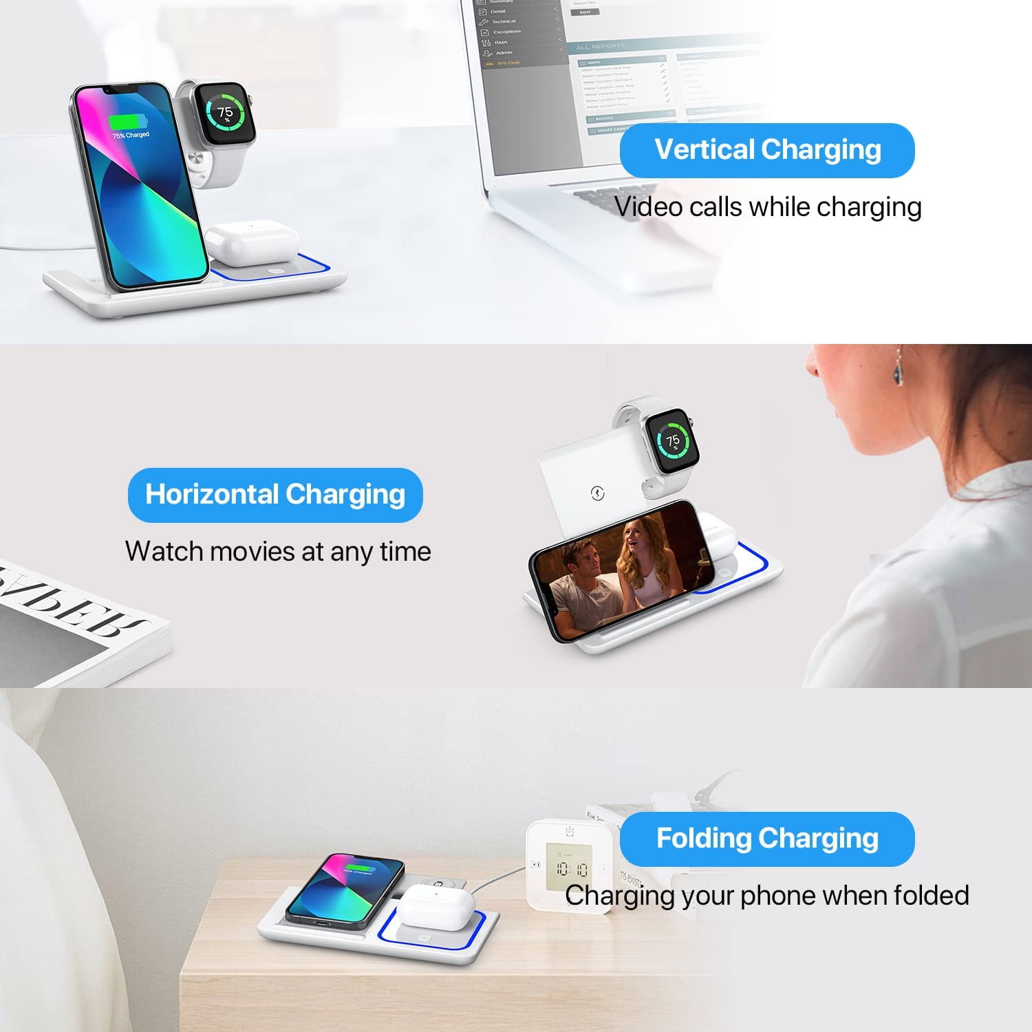 Wireless Charger, 3 in 1 Wireless Charging Station, Fast Wireless Charger Stand for iPhone 14/13/12/11/Pro/Max/XS/XR/X/8/Plus, for Apple Watch 7/6/5/4/3/2/SE, for AirPods 3/2/Pro